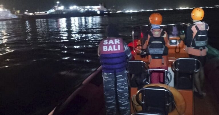 구조자들은 인도네시아 발리 근처에서 페리가 가라 앉은 후 생존자를 찾습니다.
